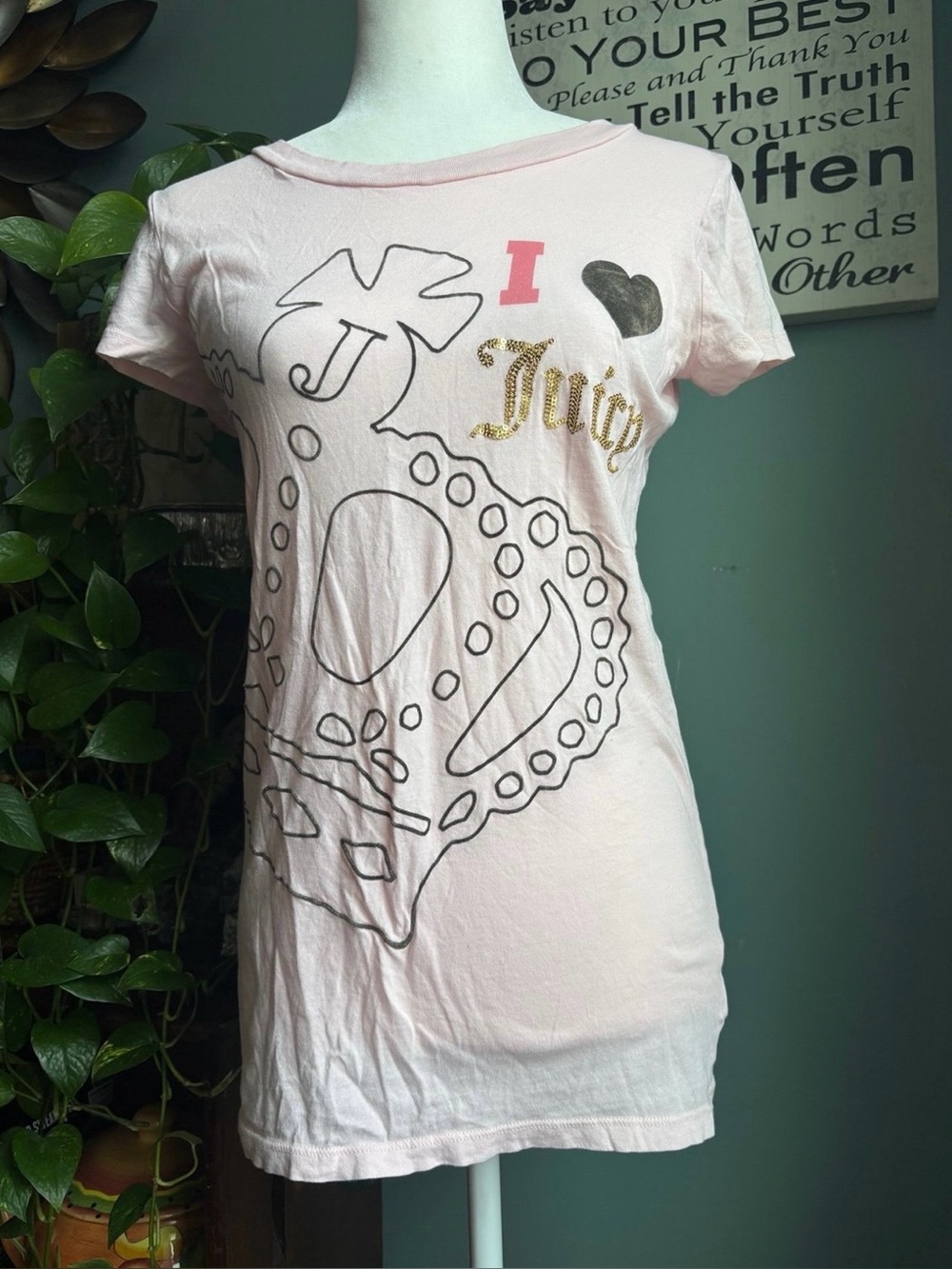 Vintage Y2K Juicy Couture Pink Crown Tee – Gold Sequin "I ❤️ Juicy" Graphic-Sz L